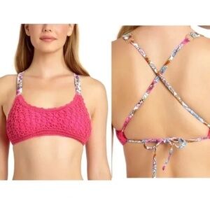 California Waves Crochet Bralette Bikini Top Raspberry Pink Floral Straps Size S